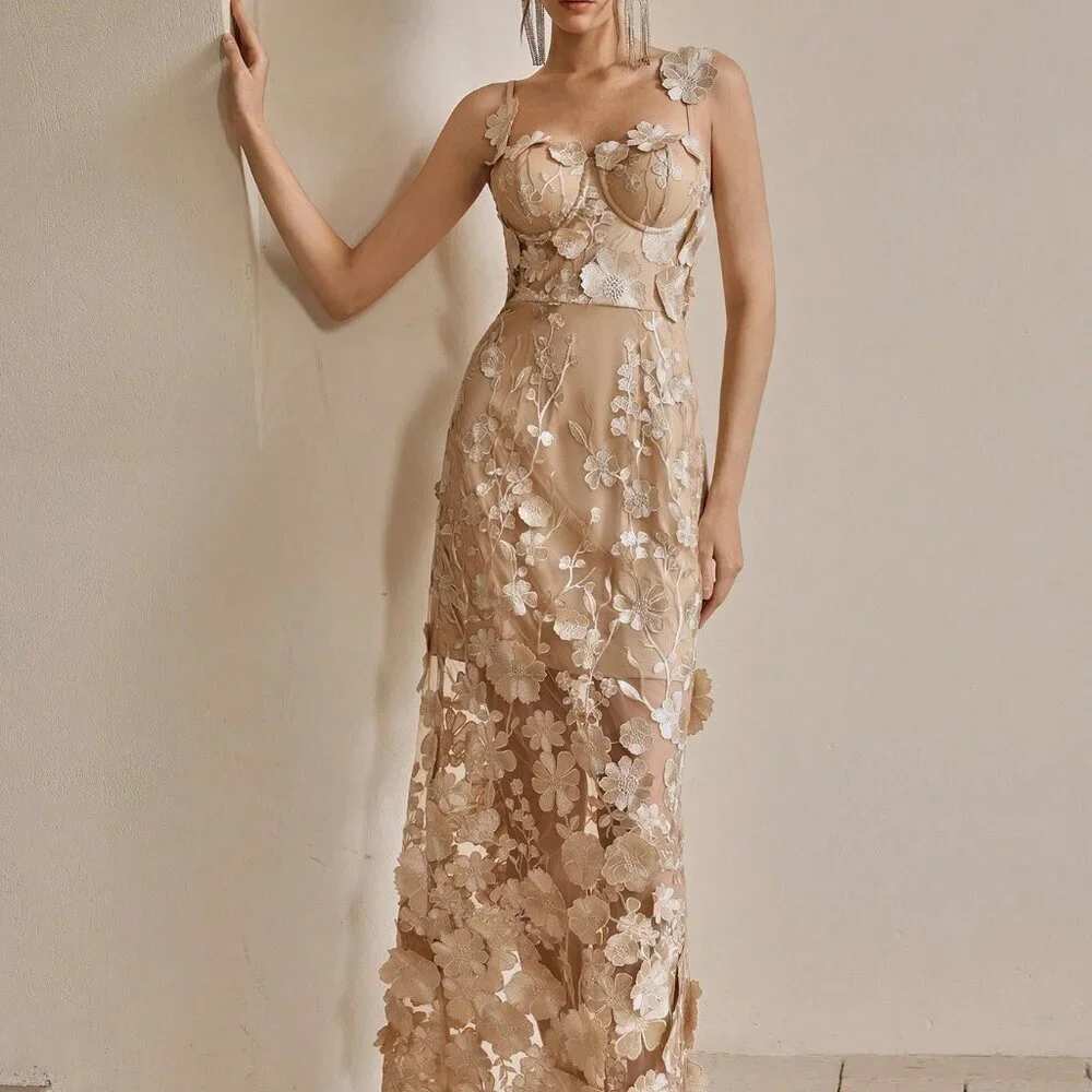 Champagne Elegant Women's French Luxury Floral Embroidery Mesh Camisole Dress